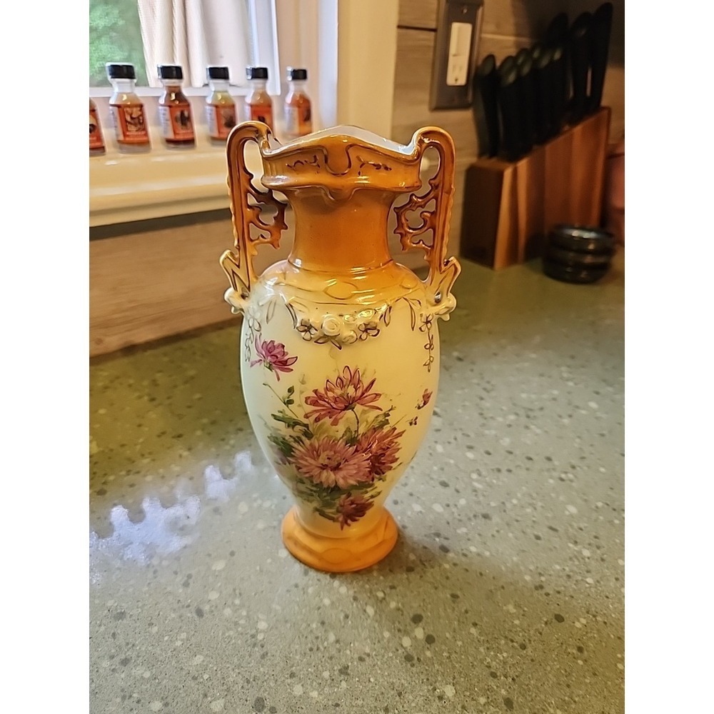 Antique Victoria Austria Bohemian Porcelain Vase, Floral Gold 1890s-1919